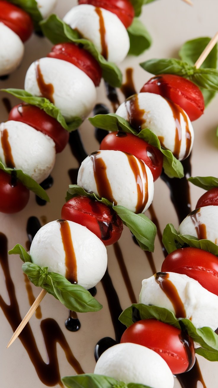 Delicious Caprese Skewers with tomatoes, mozzarella, basil, and balsamic glaze