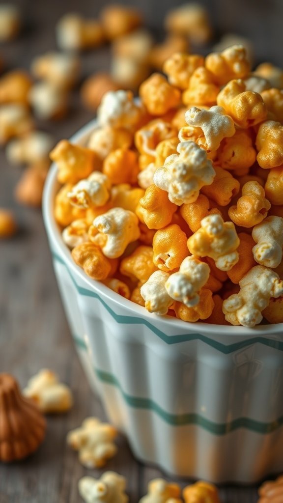A bowl of caramel popcorn with a crunchy texture, perfect for baby shower celebrations.