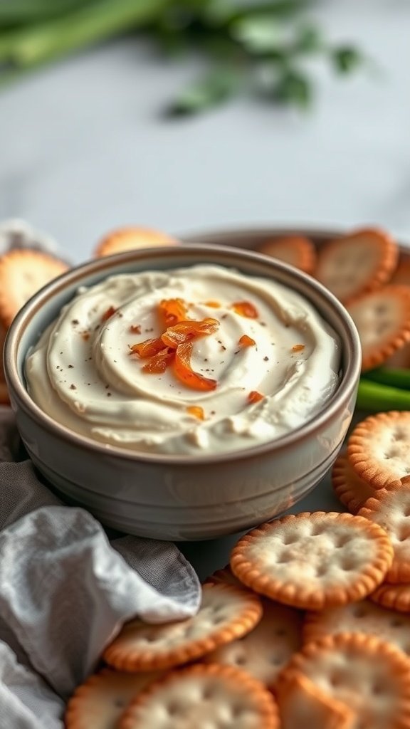 A creamy caramelized onion dip in a bowl surrounded by crackers
