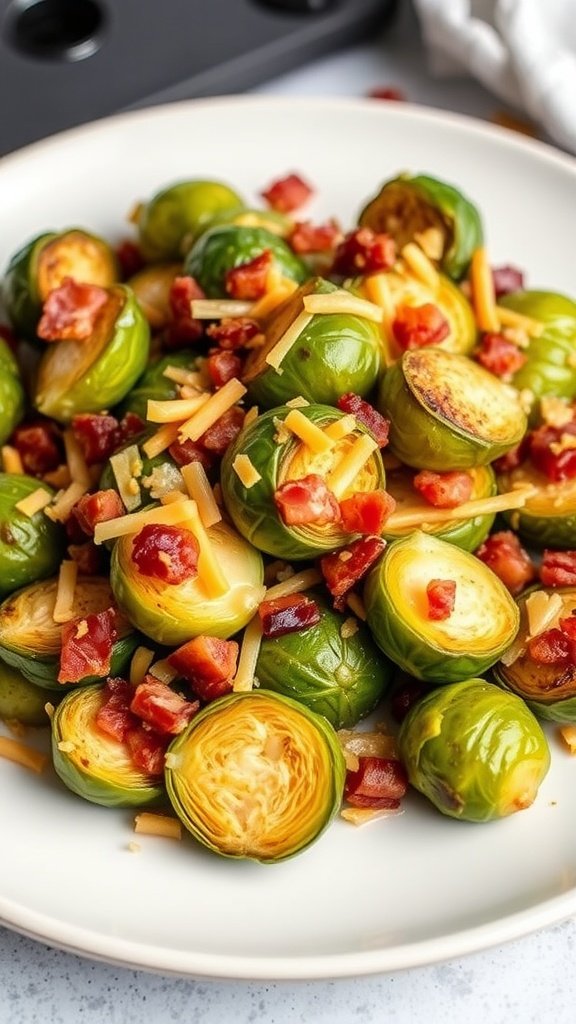 A plate of Cheddar-Bacon Brussels Sprouts topped with crispy bacon and melted cheese