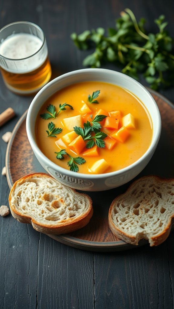 A bowl of cheddar and beer soup garnished with herbs, accompanied by slices of bread and a glass of beer.