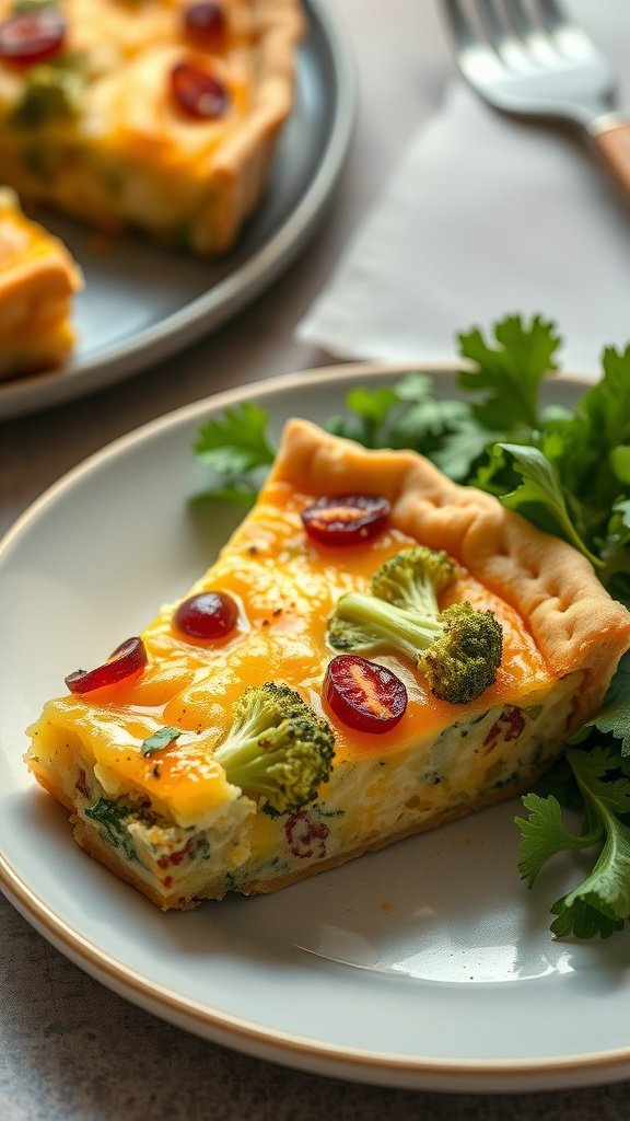 A slice of cheddar and broccoli quiche garnished with cherry tomatoes and fresh cilantro on a plate.