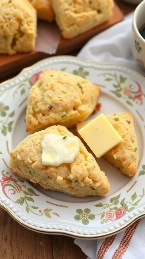 Delicious cheddar and chive scones served with butter on a floral plate