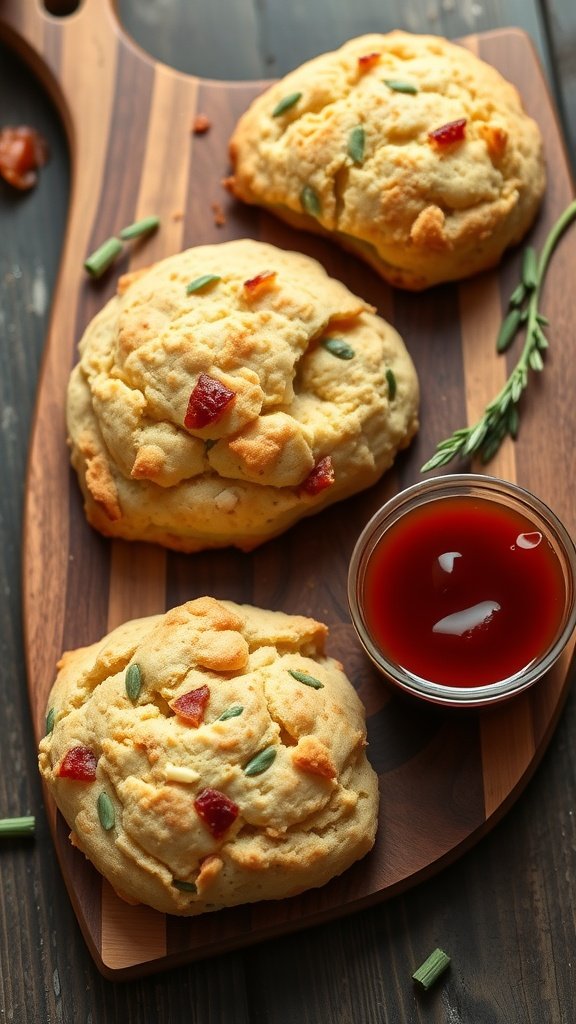 Cheddar bacon and chive scones on a wooden board with a dipping sauce