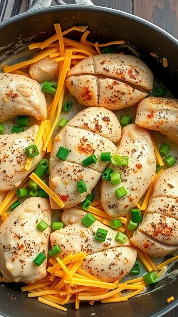 Cheddar Ranch Chicken Skillet with chicken breasts, cheddar cheese, and green onions in a skillet.