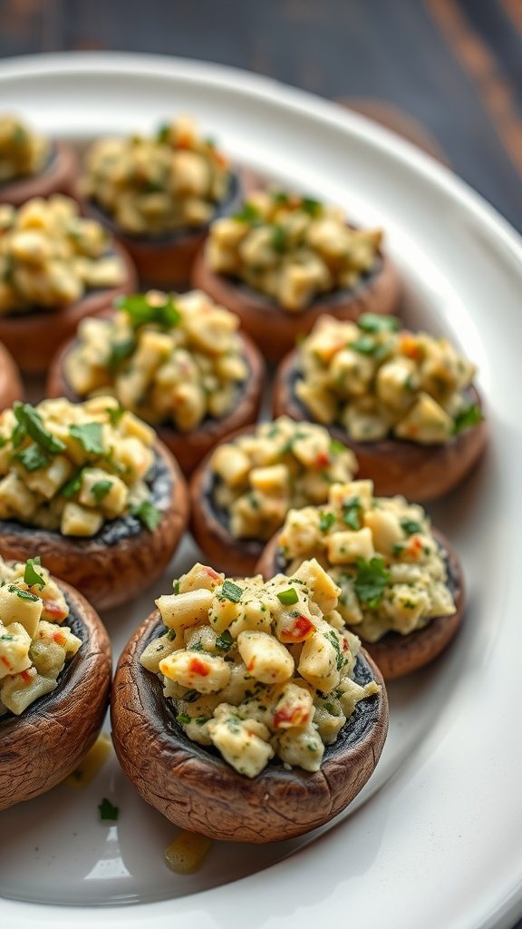 A plate of cheese-stuffed mushrooms garnished with fresh herbs.