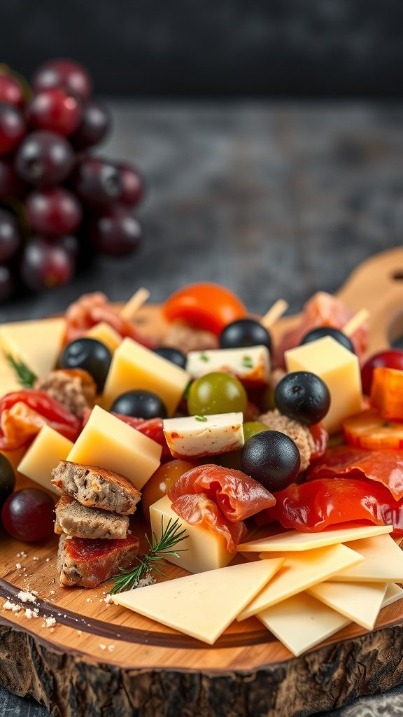 Cheese and charcuterie skewers with various cheeses, meats, and vegetables