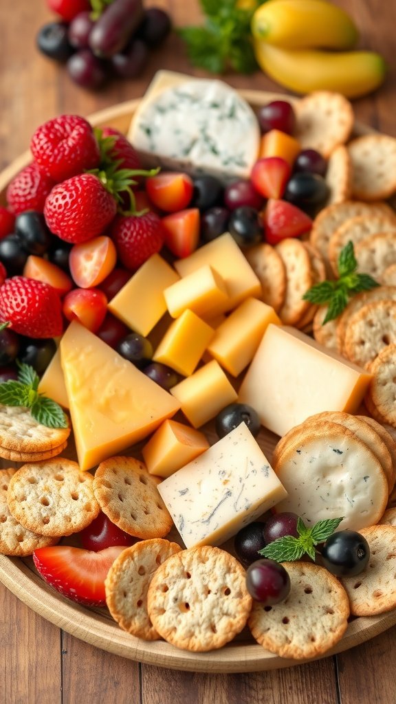 A colorful cheese and crackers platter with assorted cheeses, crackers, grapes, strawberries, and mint.