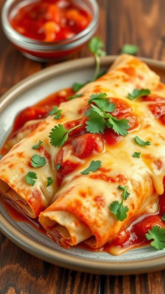A plate of cheese enchiladas topped with red sauce and garnished with cilantro