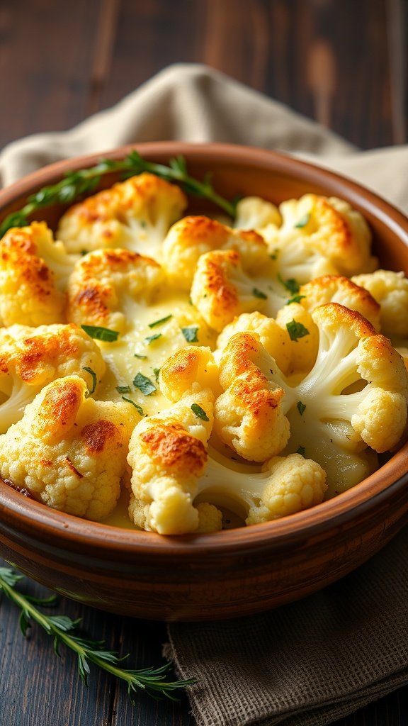 A golden Cheesy Cauliflower Bake in a clay dish, garnished with green herbs.
