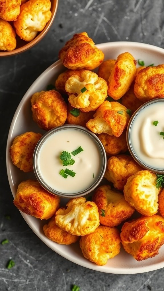 Cheesy cauliflower tots served with dips