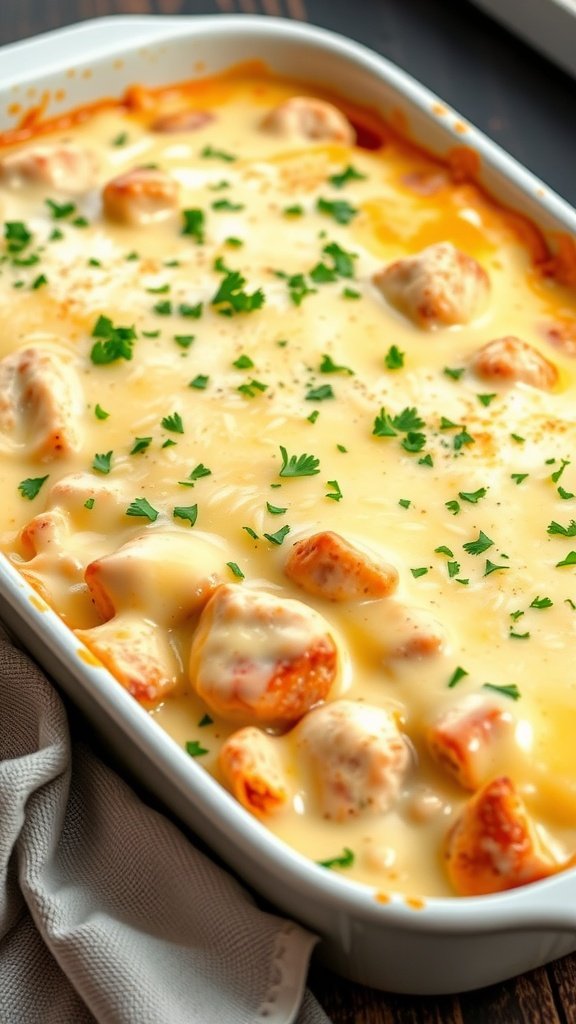 A cheesy chicken Alfredo bake in a white casserole dish topped with parsley.