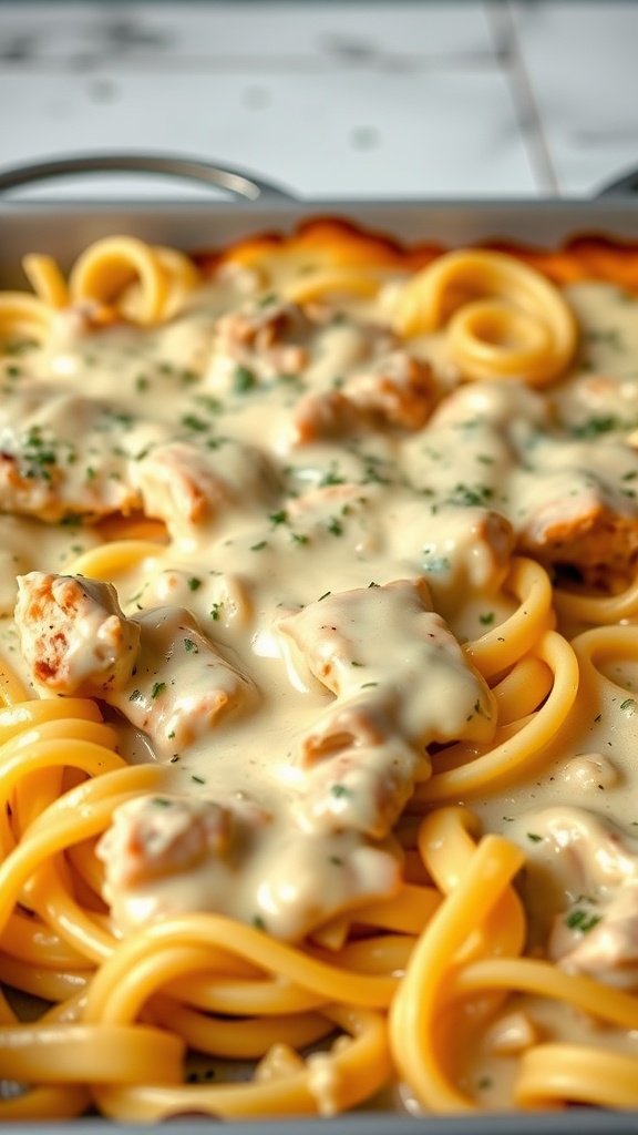 A close-up of a cheesy chicken alfredo bake with pasta and sauce