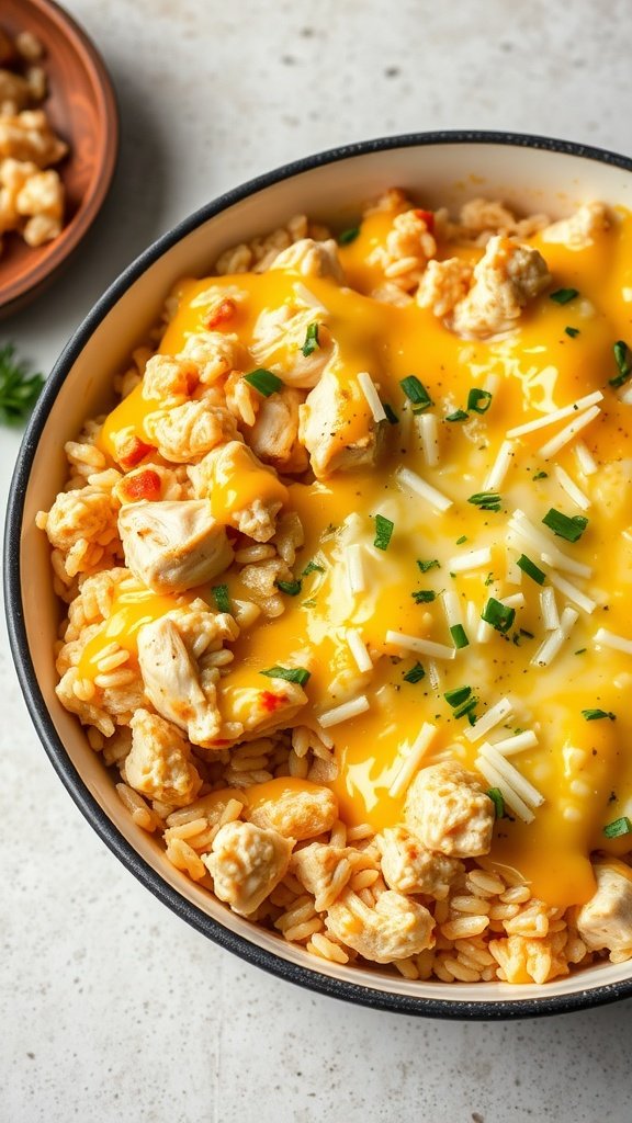 A bowl of cheesy chicken and rice casserole topped with melted cheese and herbs.