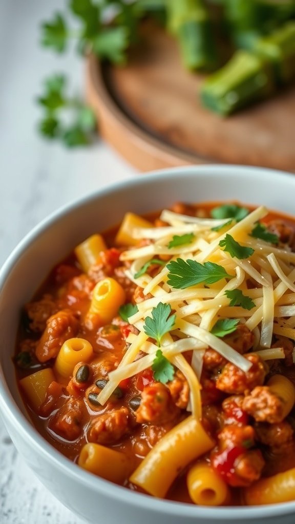 A bowl of Cheesy Chili Mac topped with cheese and parsley.