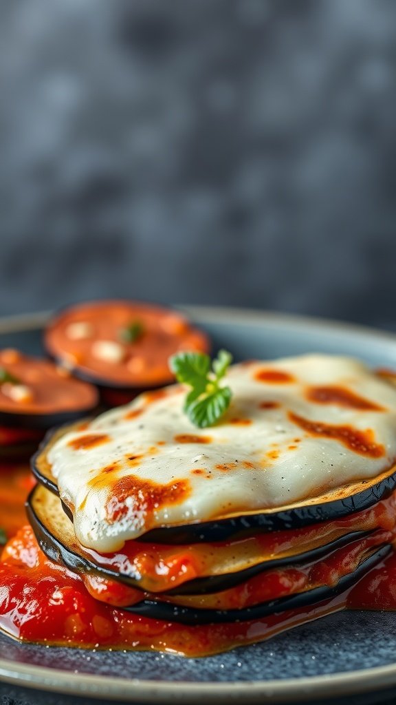 A delicious serving of cheesy eggplant parmesan with marinara sauce.