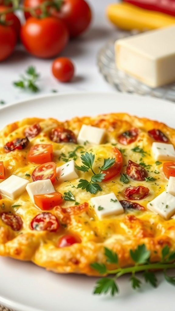 A delicious cheesy frittata topped with tomatoes and cheese cubes, surrounded by fresh vegetables.