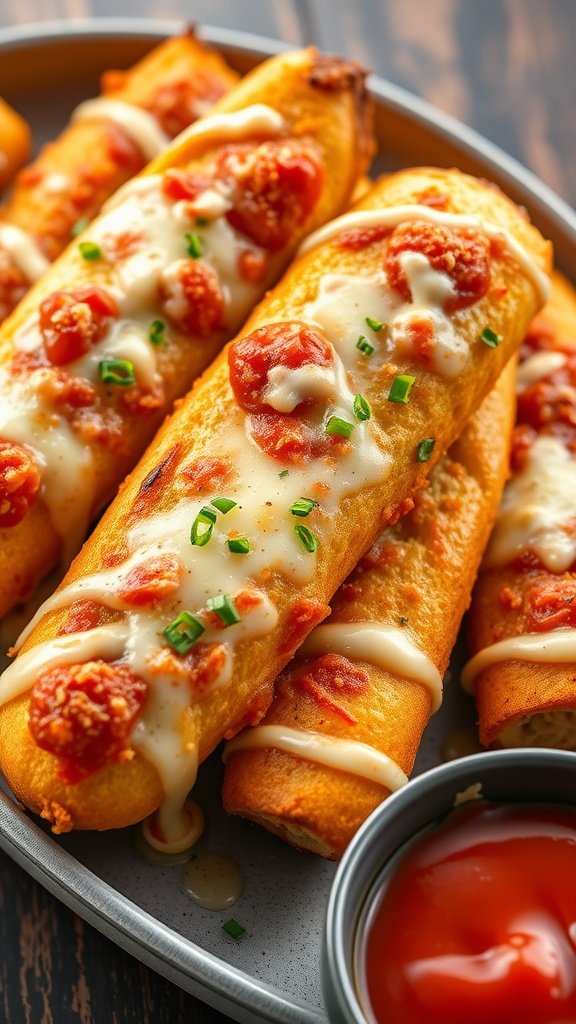 A plate of cheesy garlic breadsticks topped with tomato sauce and green onions, served with a side of ketchup.