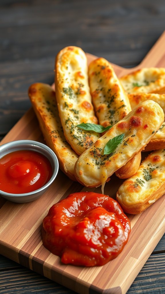Delicious cheesy garlic breadsticks served with marinara sauce on a wooden board.