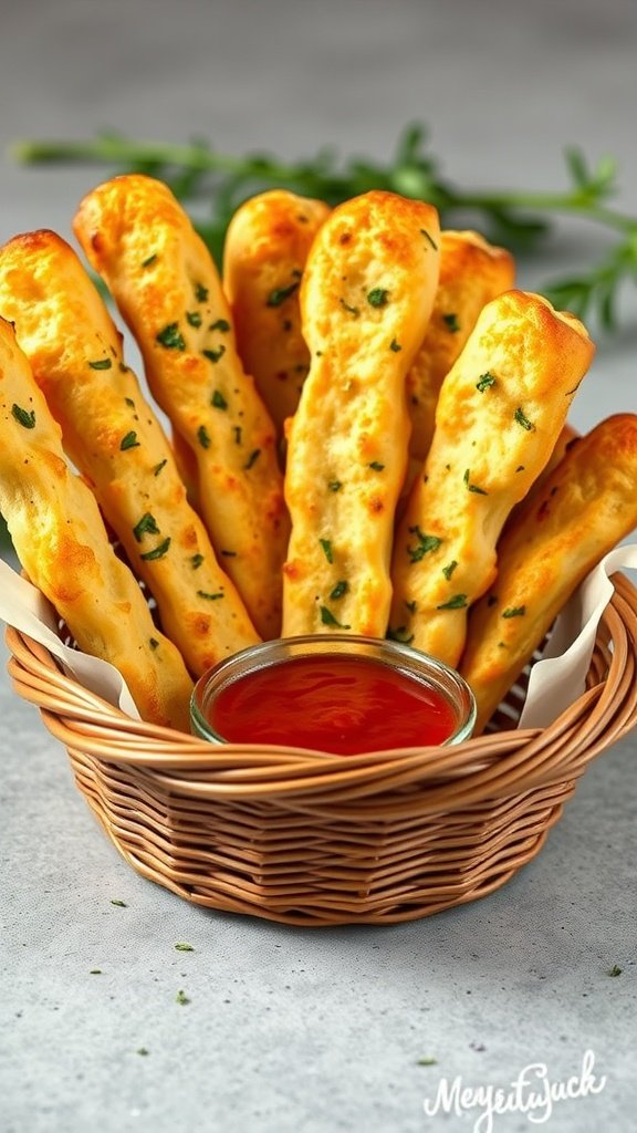 Cheesy garlic breadsticks served with marinara sauce in a basket.