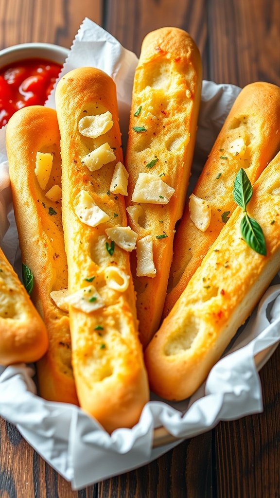 A basket of cheesy garlic breadsticks with melted cheese and herbs, served with dipping sauce.