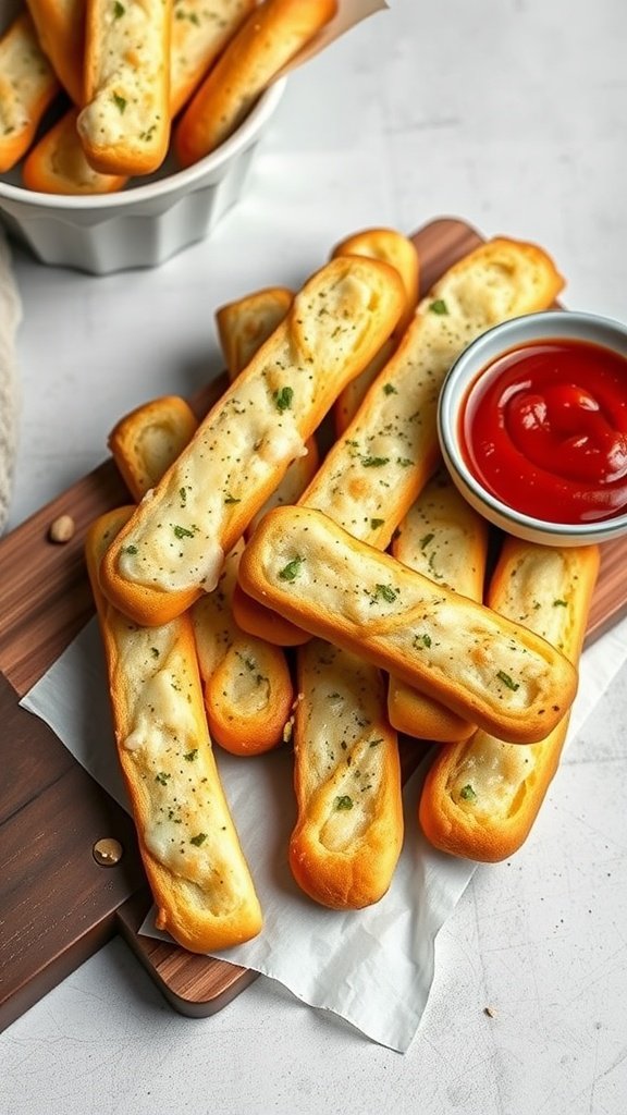 Cheesy garlic breadsticks served with marinara sauce.