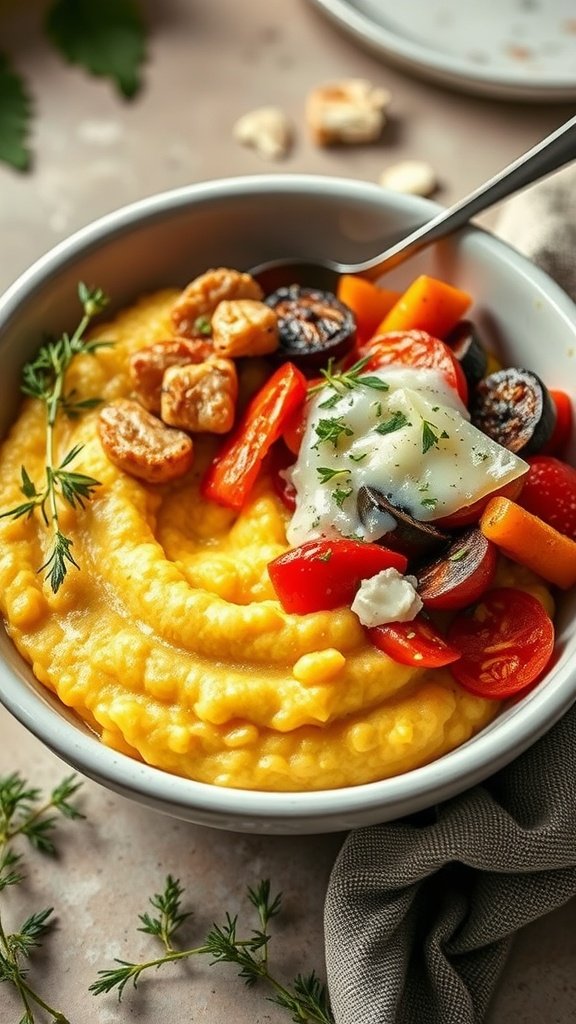 A bowl of cheesy polenta topped with roasted vegetables, garnished with herbs.
