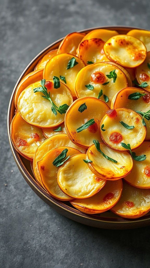 A plate of cheesy potato gratin with golden melted cheese and fresh herbs on top.