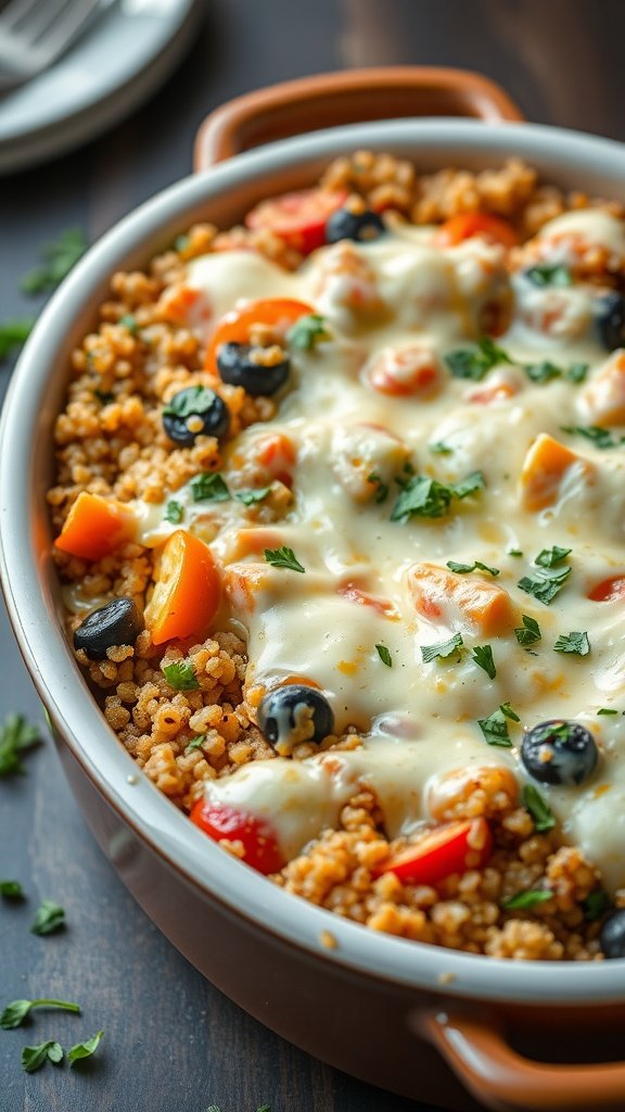A baked dish of quinoa mixed with colorful vegetables and topped with melted cheese.
