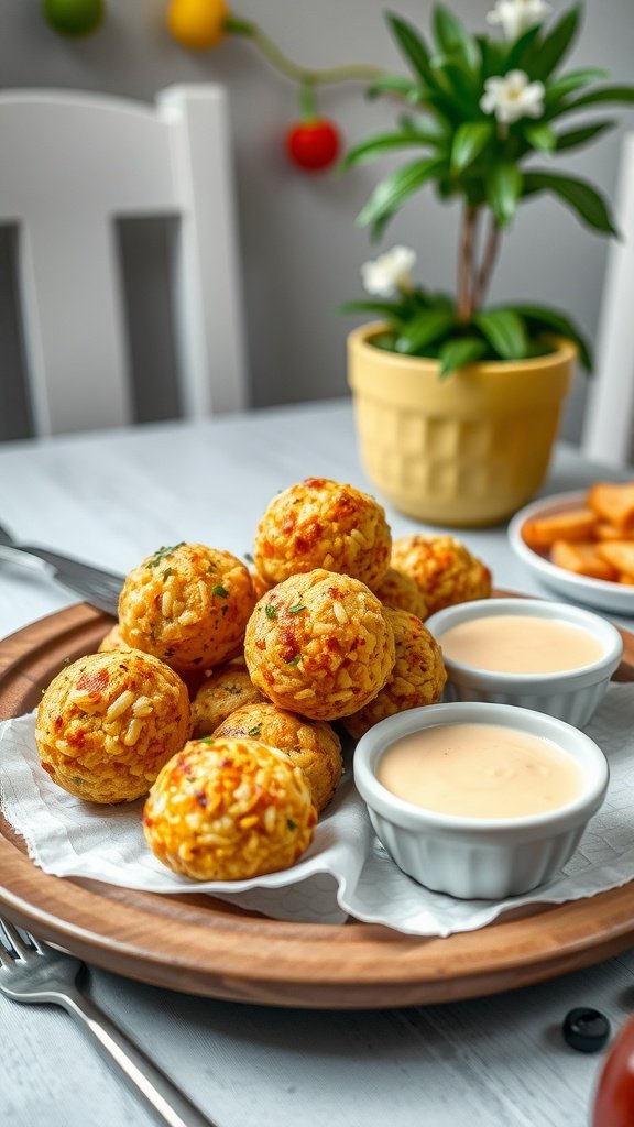 A plate of cheesy risotto balls served with dipping sauces