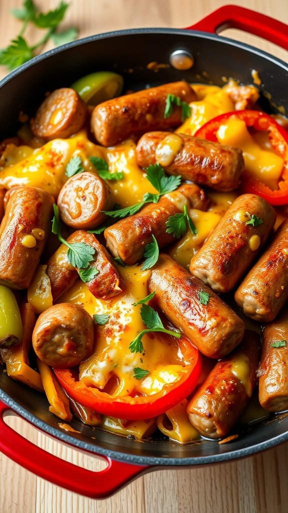 A colorful Cheesy Sausage and Pepper Skillet with sausages, bell peppers, and melted cheese.