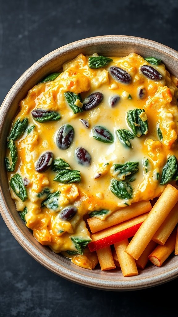 A bowl of cheesy spinach and artichoke dip surrounded by colorful veggie sticks.