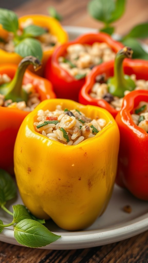 A plate of colorful stuffed bell peppers filled with a cheesy mixture of rice and herbs.