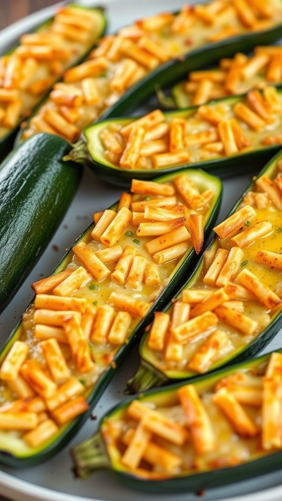 Delicious cheesy stuffed zucchini boats topped with shredded cheese, arranged on a plate.
