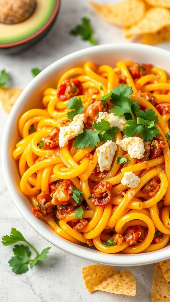 A bowl of cheesy taco pasta topped with fresh herbs and cheese, with tortilla chips on the side.