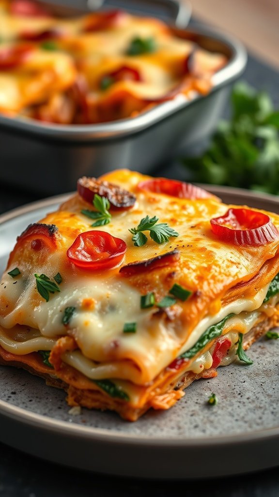 A slice of cheesy vegetable lasagna with fresh tomatoes and herbs on a plate, with more lasagna in a baking dish in the background.
