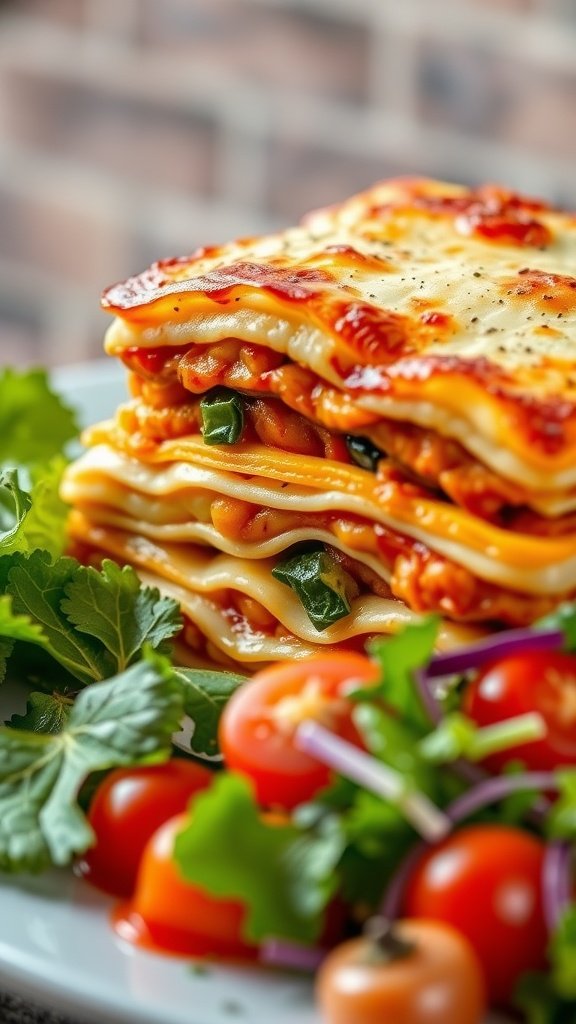 A delicious slice of cheesy veggie lasagna with fresh greens and tomatoes on the side.