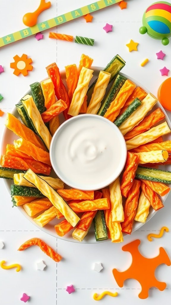A plate of colorful cheesy veggie straws with a bowl of ranch dip in the center.