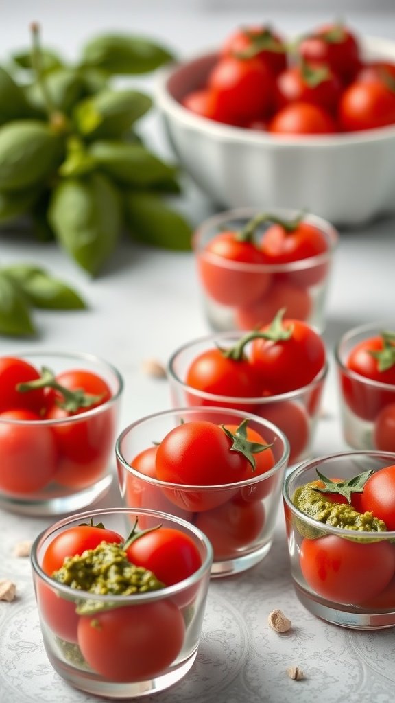 Charming cherry tomato cups filled with basil pesto, perfect for elegant finger foods.