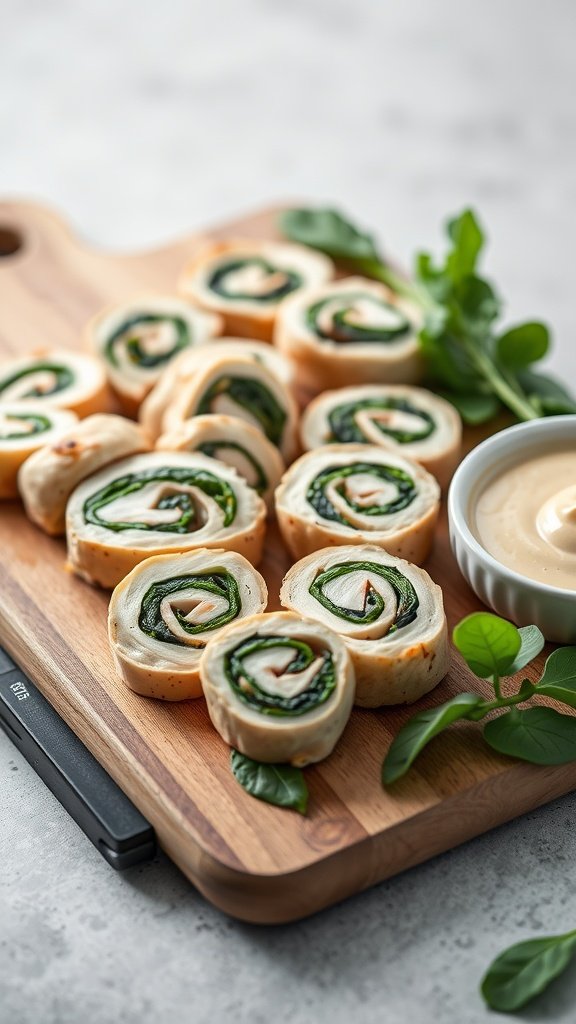 Chicken and Spinach Pinwheels on a wooden board