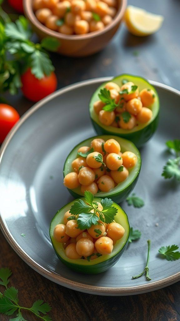 Chickpea salad served in cucumber cups