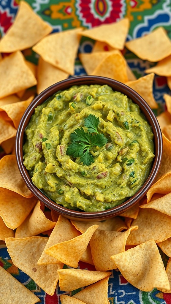 A bowl of guacamole surrounded by tortilla chips on a colorful tablecloth.