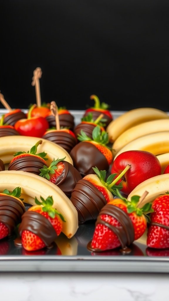 Plate of chocolate-dipped strawberries, bananas, and apple slices