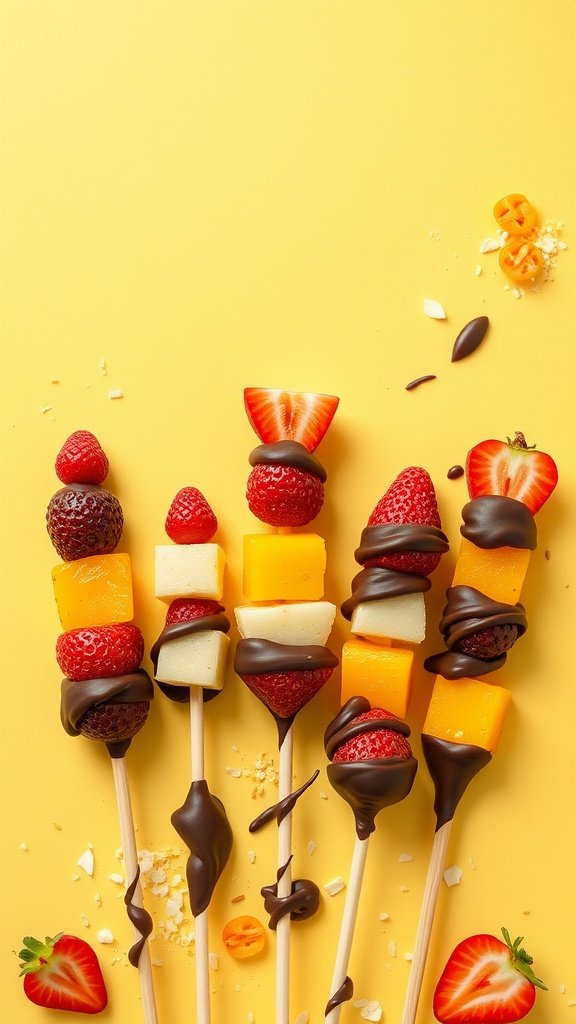 Colorful chocolate-dipped fruit kabobs on skewers