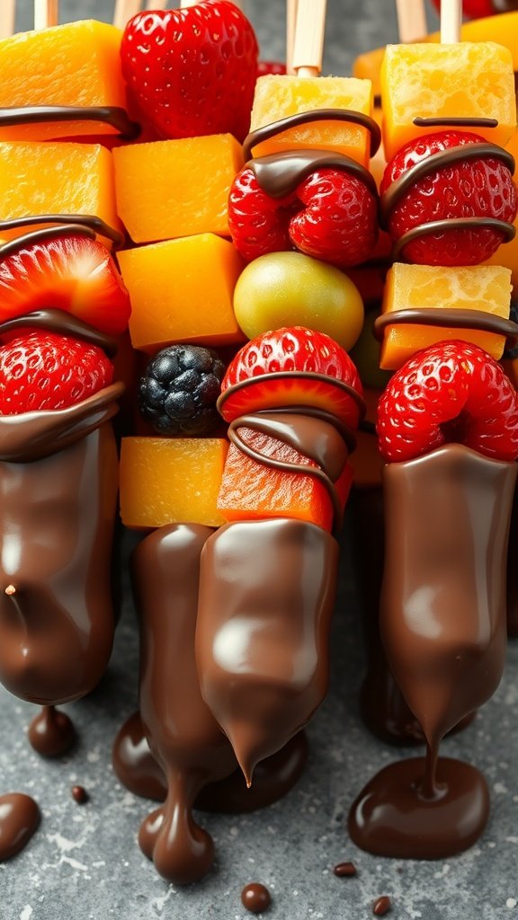 Colorful fruit skewers dipped in chocolate