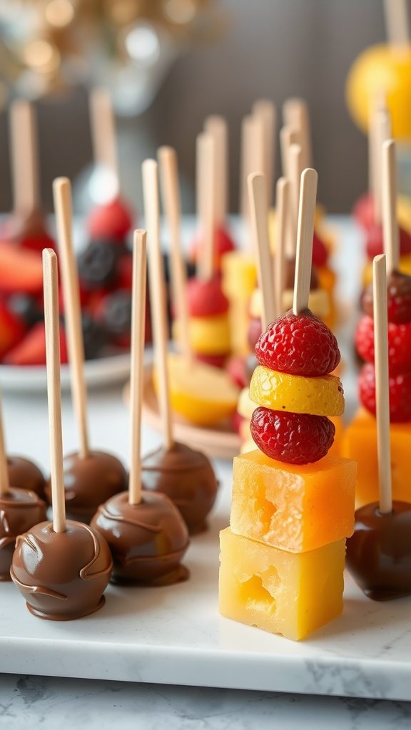 Chocolate-dipped fruit skewers with vibrant pieces of fruit on wooden sticks