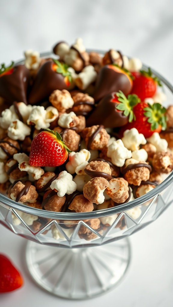 A bowl of chocolate-dipped strawberry popcorn, featuring different popcorn varieties coated in chocolate and garnished with fresh strawberries.