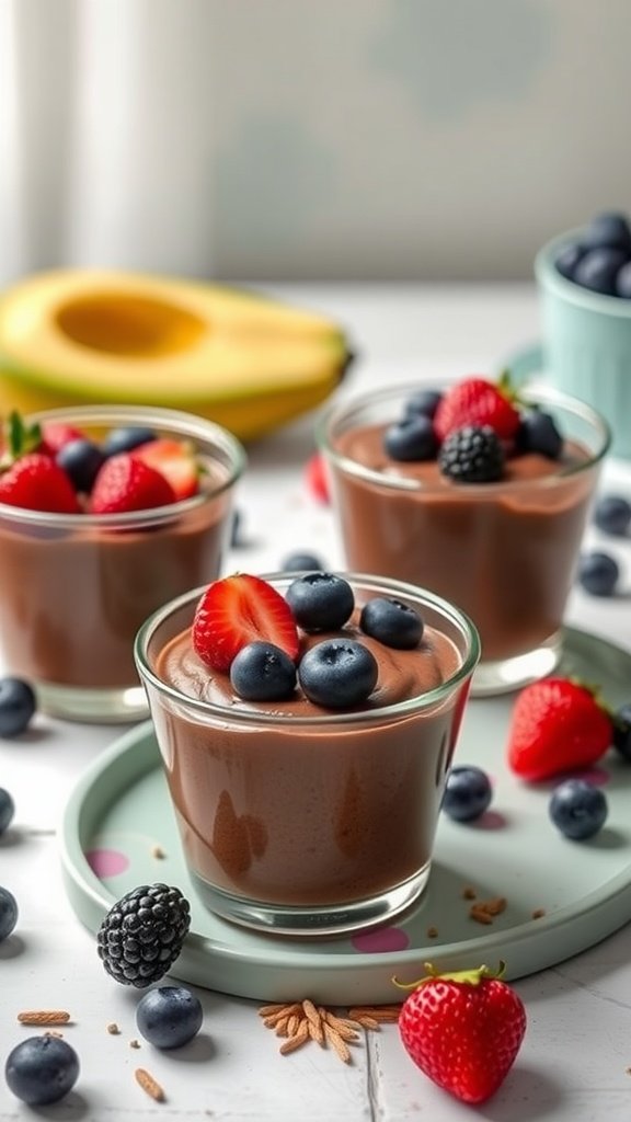 Chocolate avocado mousse cups topped with fresh berries