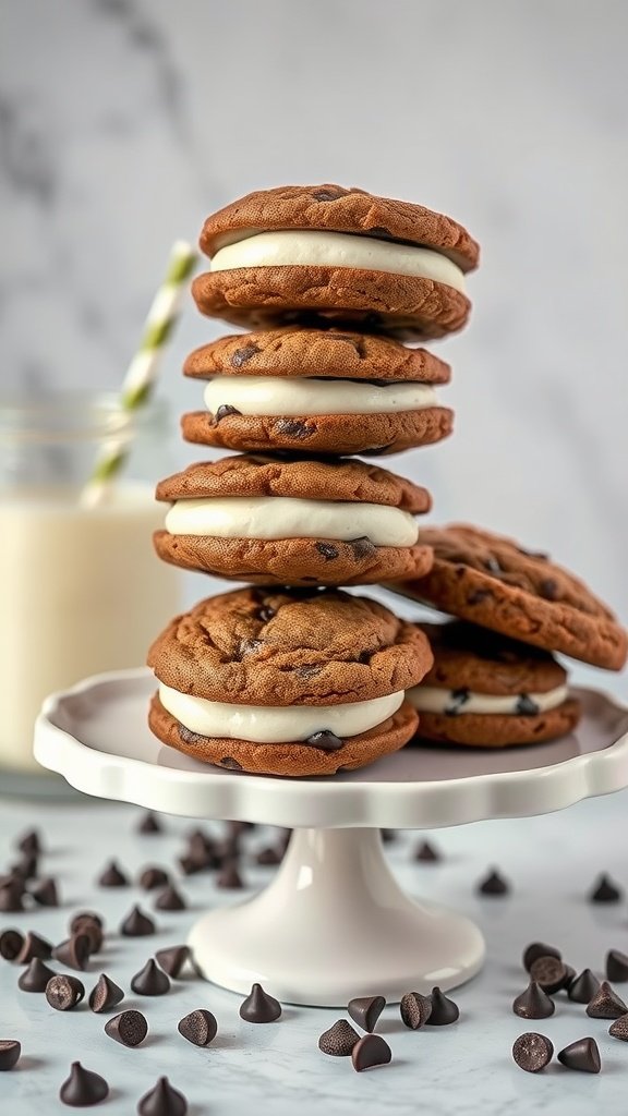 Chocolate chip cookie sandwiches stacked on a cake stand with chocolate chips scattered around.