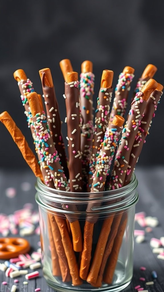 A jar filled with chocolate dipped pretzel rods topped with colorful sprinkles.